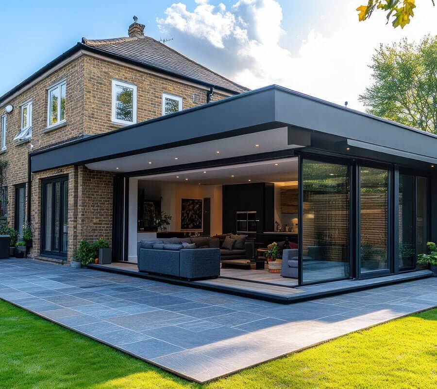 Extension maison traditionnelle avec baies vitrées